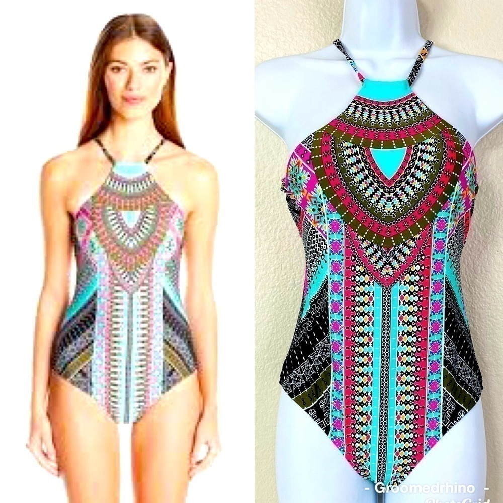Laundry By Shelli Segal Tribal Goddess Strappy High Neck Swimsuit Size XS